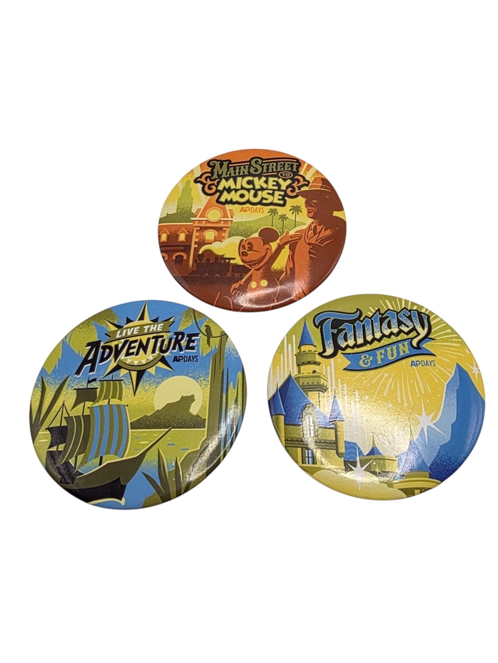 Lot Of 3 Disney Pin / Button - AP Days - Fantasy, Main ST., Live The Adventure